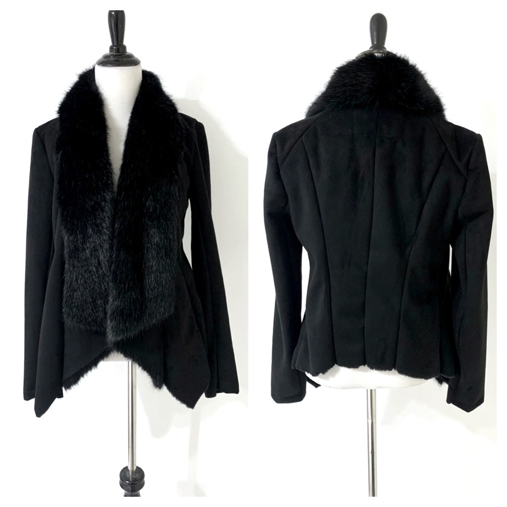 BCBGMAXAZRIA Allegra Black Faux Shearling Drape Open Front Jacket Small